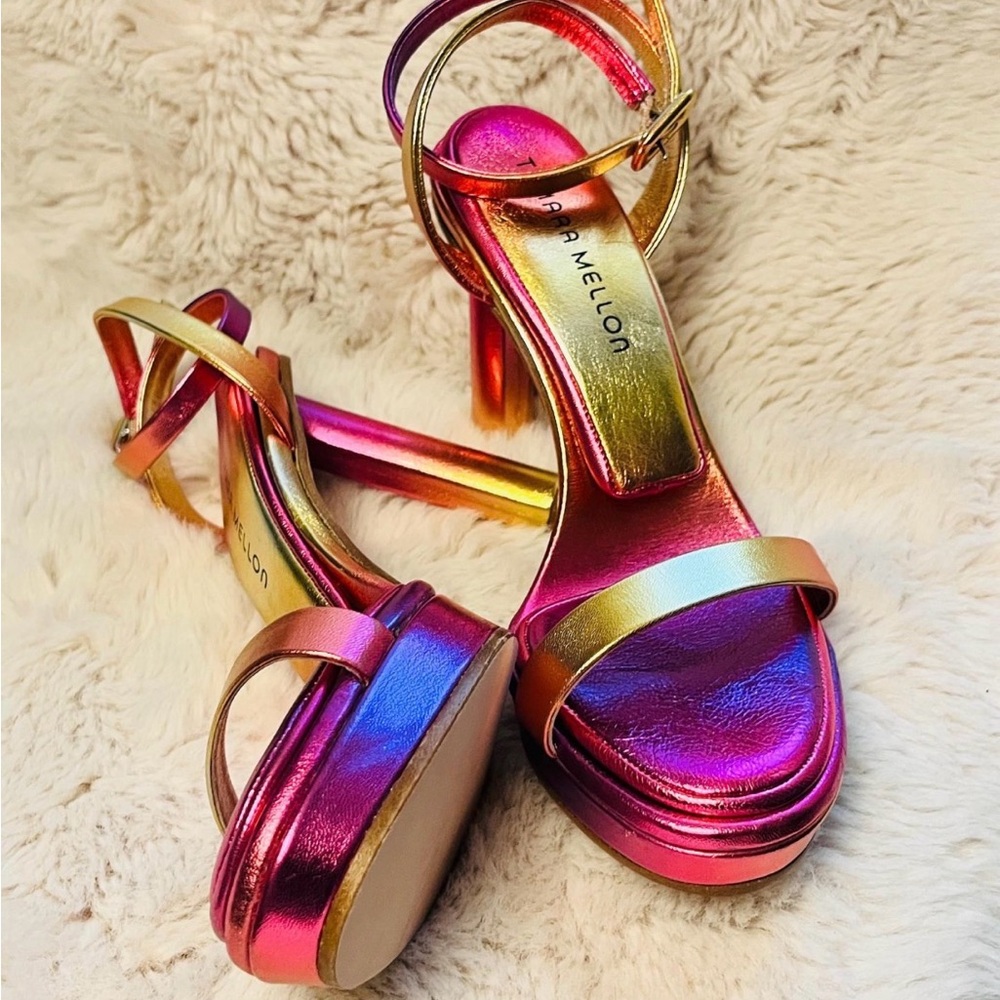 Tamara Mellon Iridescent Pink Purple Gold Blue Strappy Heels